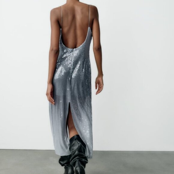 NWT SILVER DEGRADE SEQUIN MIDI SLIP DRESS - Picture 6 of 10